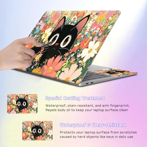 Universal Laptop Skin Sticker Decal, Compatible with MacBook HP Dell Lenovo 12"-15.6", Reusable Vinyl Notebook Cover 3PCS Set, High-Recognition Film-Black Cat in Florals - color: Black Cat in Florals