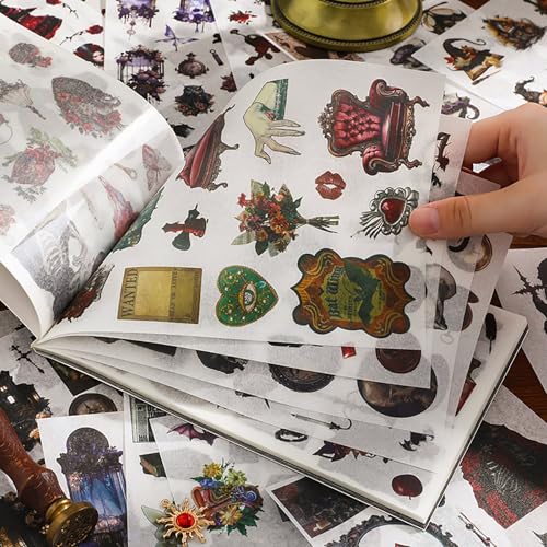 Dark Aesthetic Gothic Stickers 400 Pre-Cut Washi Stickers 20 Scrapbook Papers Horror Decals for Junk Journal Collage DIY Crafts Halloween Scrapbooking Sticker - color: Goth
