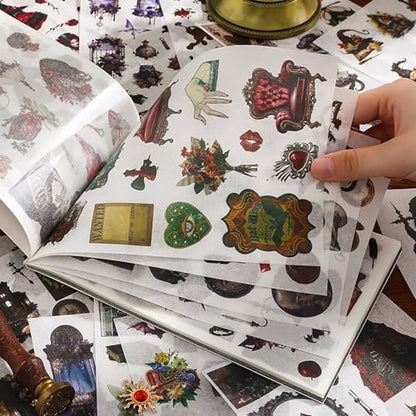 Dark Aesthetic Gothic Stickers 400 Pre-Cut Washi Stickers 20 Scrapbook Papers Horror Decals for Junk Journal Collage DIY Crafts Halloween Scrapbooking Sticker - color: Goth