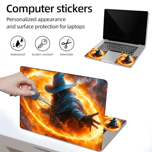Aesthetic Laptop Skin Sticker, Blue Hat Mage with Swirling Fire Magic Waterproof Vinyl Laptop Decal, Removable Bubble Free, Reusable Protective Cover for 13 14 15 15.6 Inch - color: Blue Hat Mage with Swirling Fire Magic