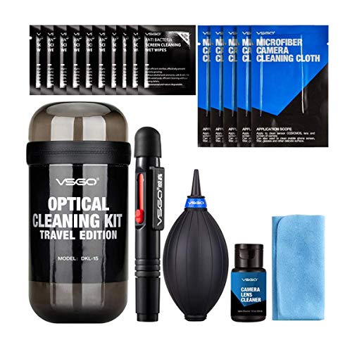 VSGO Optical Camera Lens Cleaning Kit Travel Edition | Lens Pen, Air Blower, Lens Cleaner, Screen Cleaning Cloth and Wet Wipes & Microfiber Cleaning Cloth Included, DKL-15D