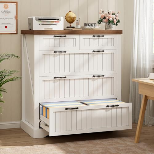 SEDETA Farmhouse File Cabinet with 5 Drawers, Filing Cabinet for Home Office, Wood Office File Cabinets for Letter/Legal/A4 Size, File Cabinets with Printer Stand, White and Brown - color: White + Brown, size: 5 Drawers