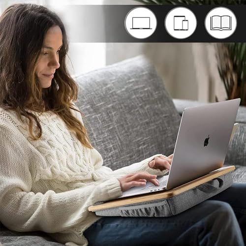 Adjustable Bamboo Lap Desk with Cushion - 5 Tilting Angles Ergonomic Laptop Bed Tray for Computers 15 inches or Less, Phone & Tablet Holder Slot, Dual Bolster for Comfort on Couch, Bed, Sofa & Car - size: 12.6" x 16.8" Angle Adjust