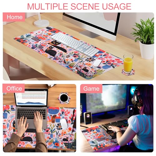 Petmolico 4-in-1 Wrist Rest Set with Desk Pad, Cat and Flowers | Non-slip PU base, soft Lycra & memory foam, ergonomic pain relief, great for home/office - color: Rose