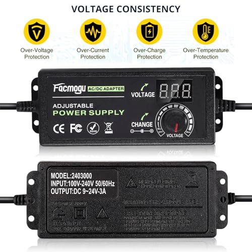 Facmogu 9V-24V 3A 72W Adjustable Power Adapter with LED Display, Multi-Voltage 100V-240V AC to DC 9V 12V 15V 16V 18V 19V 20V Universal AC/DC Variable Power Supply, Various Voltage AC to DC Converter - size: 9-24V 3A