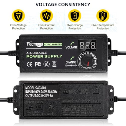 Facmogu 9V-24V 3A 72W Adjustable Power Adapter with LED Display, Multi-Voltage 100V-240V AC to DC 9V 12V 15V 16V 18V 19V 20V Universal AC/DC Variable Power Supply, Various Voltage AC to DC Converter - size: 9-24V 3A