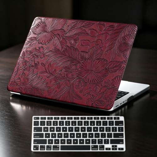 DTangLsm for MacBook Air 13 inch Case 2021 2020-2018 M1 A2337 A2179 A1932 | Vintage Textured Leather Hard Shell Logo Cutout Cover for MacBook Air 13.3 Case + Keyboard Cover, Burgundy Embossed Floral - color: # Deep Burgundy