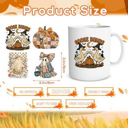 Rngmsi 20 Pcs Vintage Fall UV DTF Cup Wrap UV DTF Stickers for 16 OZ | Vintage Fall, 16 OZ, Autumn Pumpkin Ghost, Waterproof UVDTF Transfer Decals, Glasses Cups Mug DIY Crafts - style: Vintage Fall
