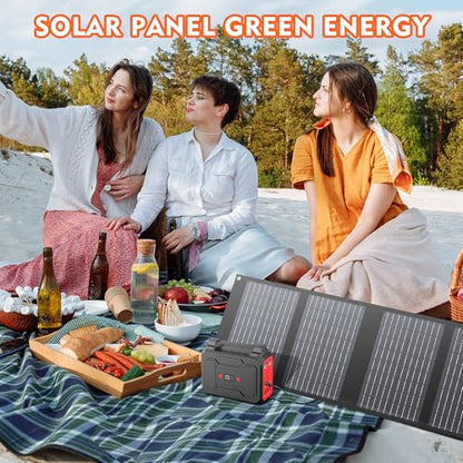 Solar Powered Generator 200W Peak/100W Rated, Portable Generator Power Station with Solar Panels 40W Included, 146Wh Solar Power Bank with AC Outlet 110V for Home Use Camping Outdoor Adventure