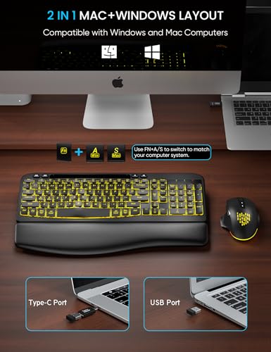 SABLUTE MA22 Pro Wireless Keyboard and Mouse Combo - Ergonomic Wave Keyboard with Soft Leather Wrist Rest, Phone Holder, Rechargeable, RGB Backlit Mouse, Full-Size Set for Windows/Mac/Computer - color: Black