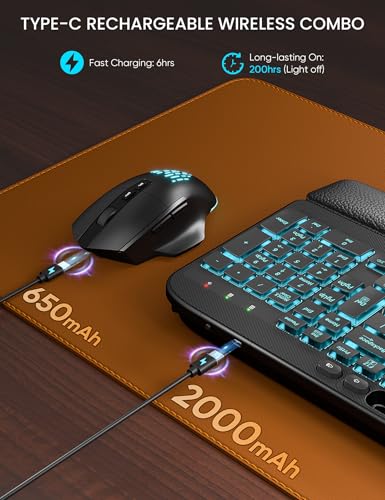 SABLUTE MA22 Pro Wireless Keyboard and Mouse Combo - Ergonomic Wave Keyboard with Soft Leather Wrist Rest, Phone Holder, Rechargeable, RGB Backlit Mouse, Full-Size Set for Windows/Mac/Computer - color: Black