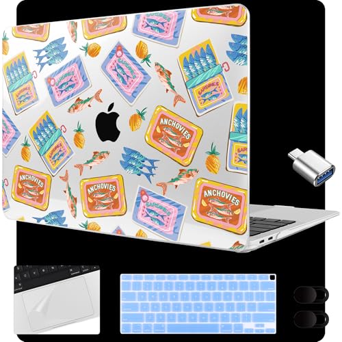 MEEgoodo for MacBook Air 13.3 inch Case 2021 2020 2019 2018 A2337 M1 A2179 A1932, Laptop Shell for MacBook Air M1 with Keyboard Webcam Cover & Trackpad Film & Type C Adapter,Colorful Sardines Fish - color: Colorful Sardines Fish