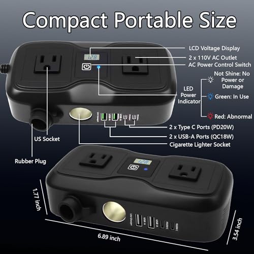 7 in 1 200W Car Power Inverter 12V DC to 110V AC with Car Charger Adapter, Dual USB 2 AC 4 USB PD 20W&QC 3.0 Outlet and Lighter Plug - Car Accessories for Trip and Camping - color: Black