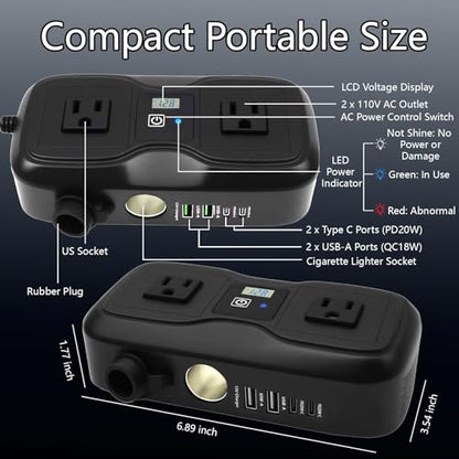 7 in 1 200W Car Power Inverter 12V DC to 110V AC with Car Charger Adapter, Dual USB 2 AC 4 USB PD 20W&QC 3.0 Outlet and Lighter Plug - Car Accessories for Trip and Camping - color: Black
