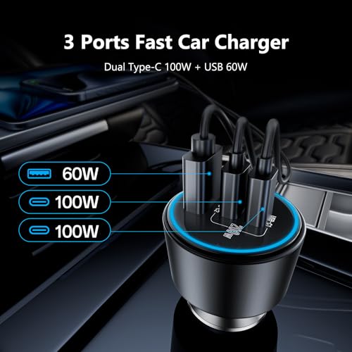 200W Super Fast Car Charger, Adapter with 2×100W USB C to C Cables, | USB C Car Charger PD3.0/QC4.0, 12V-24V Vehicle Compatible, LED Light & Overheat Protection
