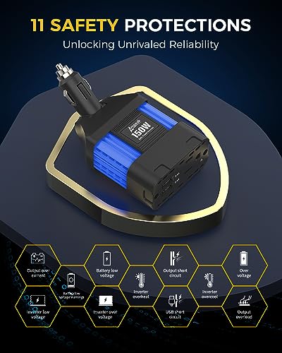 150W Car Power Inverter, 12V DC to 120V AC, Cigarette Lighter Plug | 300W Surge Peak, 1 AC Outlet, Dual USB 4.8A, 11 Protections, Compact for Laptop, Phone, Car, RV, Travel - color: 150W Blue