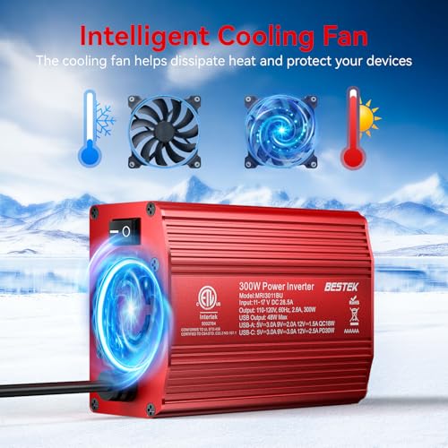 BESTEK 300W Car Power Inverter - DC 12V to 110V AC Car Plug Adapter with 30W USB-C & 18W USB-A Dual AC Outlet, Fast Car Charger Adapter for Laptop, Vehicles, Road Trip Essentials - color: Red