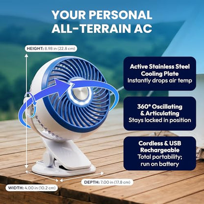 Spark Innovators Go Fan Blue Steel Portable Desk Fan with Cooling Plate, Cordless & Rechargeable – 360° Oscillating with Active Cooling Technology, USB Charging, for Home, Outdoor Camping & Travel