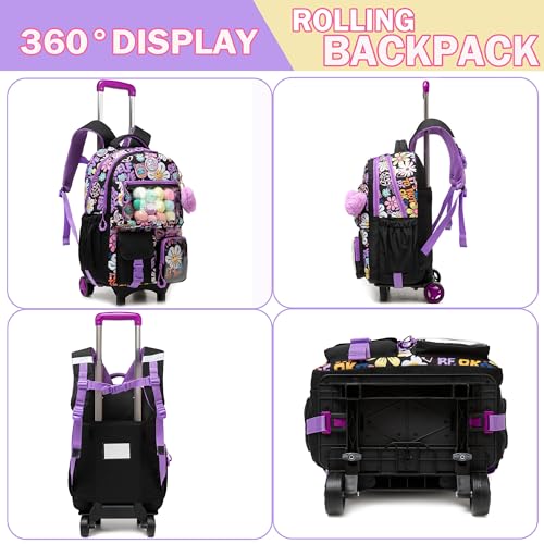 Meetbelify Backpack with Wheels for Girls Rolling Backpack Cute Carry on Backpack with Lunch Box for Elementary Student Teen Kids Luggage Travel Suitcase Girls 8-10 Black - color: Black Flower