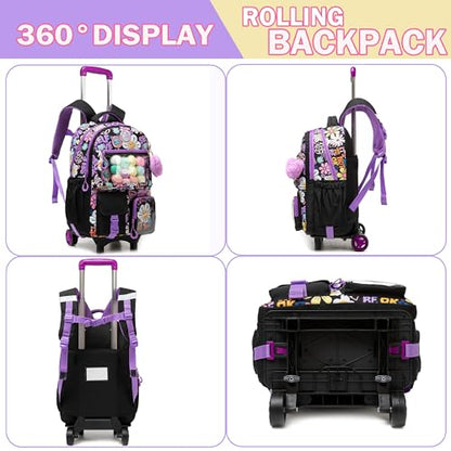 Meetbelify Backpack with Wheels for Girls Rolling Backpack Cute Carry on Backpack with Lunch Box for Elementary Student Teen Kids Luggage Travel Suitcase Girls 8-10 Black - color: Black Flower