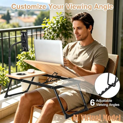 Lap Desk with Tablet Holder for Bed and Sofa, Wood Fin | Fits Laptops up to 17 inch, Built-in Cup Holder, Gooseneck Phone Stand, Extended Mouse Surface, Foldable Alloy Steel Legs - color: Natural