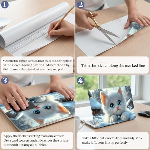 Universal Laptop Skin Sticker Decal,15.6 Inch Laptop Vinyl Cover for 13" 14" 15.6" Laptop,Scratch-Resistant Waterproof Protector Wrap,Reusable with Wrist Pads,Snowy Blue Eye Cat - color: Snowy Blue Eye Cat