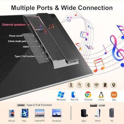 Portable Monitor 16" 1200P FHD Laptop Screen Extender, Horizontal Vertical Monitors with External Speakers, 100% sRGB Plug & Play Computer Gaming Travel Second Screen for Wins Mac Phone PS5 Xbox - size: 16" Monitor-C