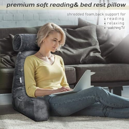 Reading Pillow for Adults Sitting‑Up in Bed, Backrest with Arms | Detachable Neck‑Cushion; Shredded Memory‑Foam; Side Pockets; Washable Velvet Cover; Gaming & TV, Sofa Use - color: Grey