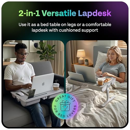 Lap Desk with Legs & Cushions: 2-in-1 Foldable Bed Desk for Adults - One-Touch Height Adjustment, Bed Table Tray Hold: up to 15.6“ Laptop, Mouse Cup Phone - Laptop Stand Desks for Bed (Gray) - color: Gray