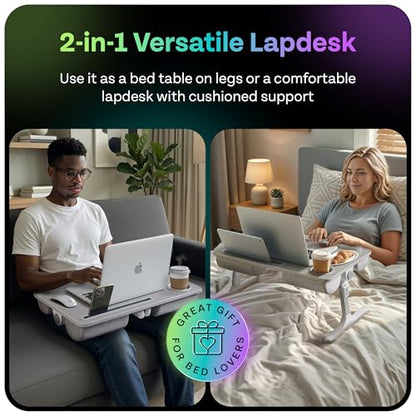Lap Desk with Legs & Cushions: 2-in-1 Foldable Bed Desk for Adults - One-Touch Height Adjustment, Bed Table Tray Hold: up to 15.6“ Laptop, Mouse Cup Phone - Laptop Stand Desks for Bed (Gray) - color: Gray