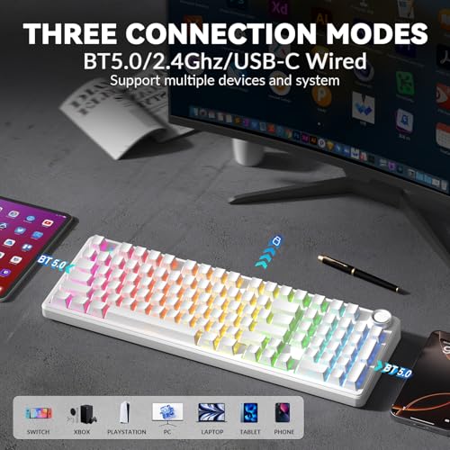 AULA F99 Pro Wireless Mechanical Keyboard-Silent Version,BT5.0/2.4GHz/USB-C Hot Swappable Custom Keyboard,Gasket Structure,Pre-lubed Linear Switches RGB Backlit Computer Gaming Keyboards,White - color: White
