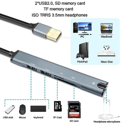 QIANRENON 5 in 1 USB Docking Station Hub USB 2.0 to USB 2.0 TRRS 3.5mm Audio TF/SD Card Reader Multi Function Port Replicator Adapter, for Laptop TF/SD Memory Card ISO 4 Pole Headphone