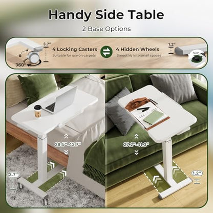 Foldable Mobile Standing Desk 180° Tilt Adjustable on Wheels | 32inch Pneumatic Portable Rising Desk with 4 Hidden or Lockable Casters, Rolling Overbed Bedside Table for Home Office, White - color: White