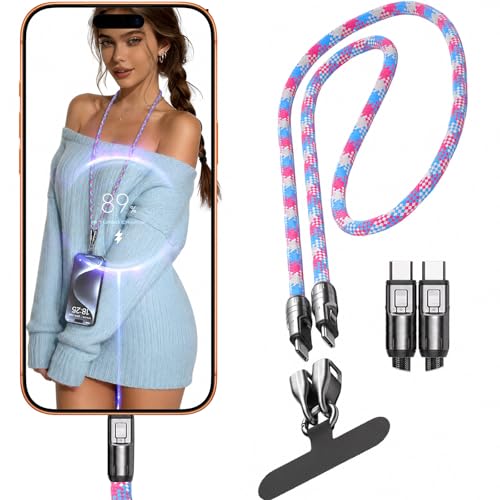 Phone Lanyard Charging Cable Type C–Crossbody Pink Blue | Crossbody USB C Cable with Tab, PD 240W USB C to USB C Cables for Cell Phone and All USB-C Devices - color: Pink Blue