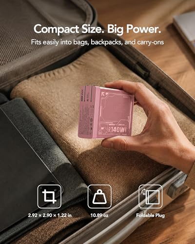 Mfish E-Rhino 140W USB-C Charger, True PD 3.1 GaN Fast Charger, 4-Port (3 USB-C + 1 USB-A) Foldable Plug Power Adapter for MacBook Pro 16”, iPhone 17/16, iPad, Galaxy, Tablet, Laptop, Pink - color: 140W-Pink
