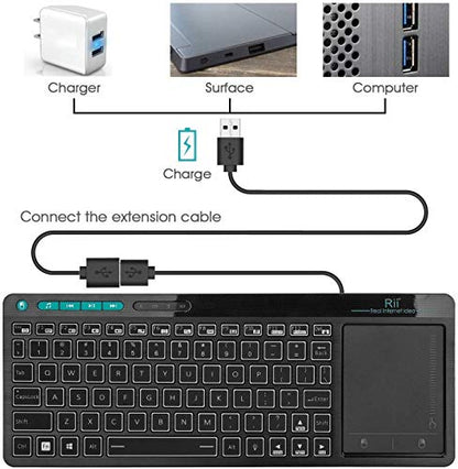 Rii K18 Plus Wireless 3-LED Color Backlit Multimedia Keyboard | Multi-Touch Trackpad Rechargable Keyboard for Android TV Box,PC,Smart TV,Xbox,Raspberry Pi, HTPC IPTV,Windows, MacOS ﻿ - style: 2.4G Version