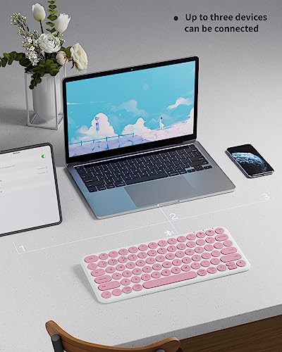 Mini Bluetooth Keyboard, Low Profile Quiet Keys (Pink White) | 78-Key Round Keycaps, Multi-Device Connection for iPad, Tablet, Laptop, PC, Mac - color: PINK WHITE