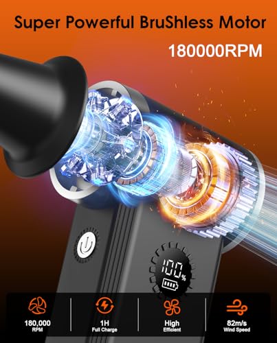 Compressed Air Duster, 180000 RPM Turbo Dust Blower, 45W Charge | SuperPower Mini Cordless Electric Air Duster, 8000mAh, 4 Adjustable Speeds, Keyboard/PC/Car Cleaner, Replace air can - color: Black