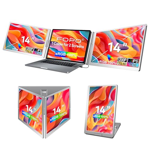 14" Laptop Screen Extender Triple Monitor Laptop Extender [1 Cable for Dual Monitors ] 1200P FHD 360° Rotation Screen Portable Monitor for 13-17" Laptops with USB-C /2 USB-A (MacOS, Wins)