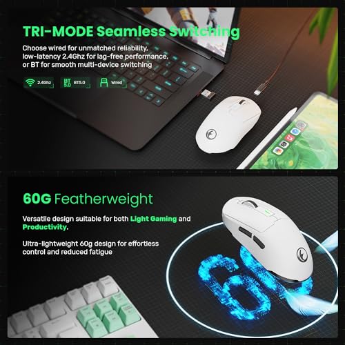 G59 2.4G/BT/Wired Wireless Gaming Mouse, Rechargeable USB Type-C Wireless Game Mouse, 6 Adjustable DPI, Max 8000 DPI, 60g Lightweight, 6 Programmable Buttons, PC Computer Laptop, Win 11 10, Mac