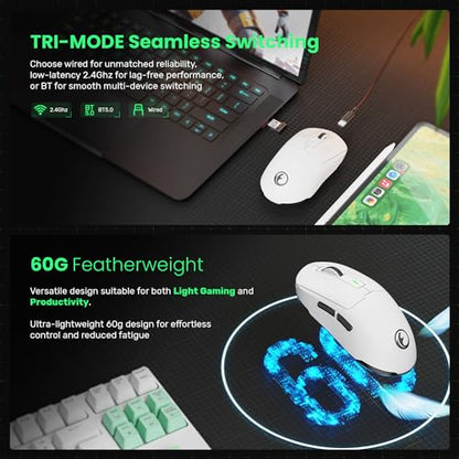 G59 2.4G/BT/Wired Wireless Gaming Mouse, Rechargeable USB Type-C Wireless Game Mouse, 6 Adjustable DPI, Max 8000 DPI, 60g Lightweight, 6 Programmable Buttons, PC Computer Laptop, Win 11 10, Mac