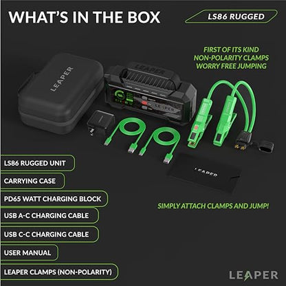 Leaper 12V Jump Starter, Black Jump Starter 2000A, 20000mAh. Non-Polarized Green Clamps Protection Carrying Case and a UL PD65W Premium Charger Included