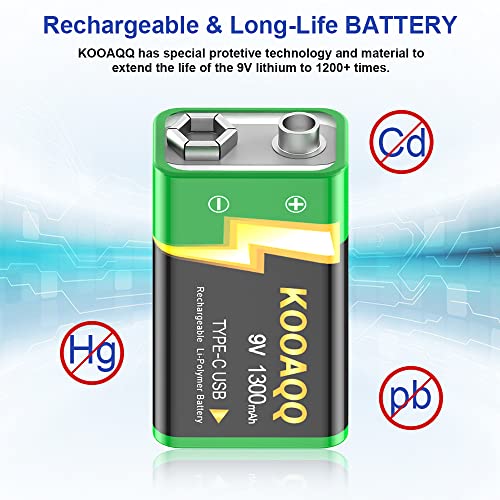 8-Pack Rechargeable 9v Batteries, USB-C Recharge 1300mAh 9 Volt Lithium-ion Long Lasting Power for SmokAlarms, Microphones, Multimeters, Walkie-Talkie, Metal Detector, Toys, with 2 in 1 Charging Cable - size: 8-Pack