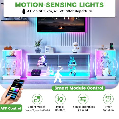 HNEBC LED Nightstand with USB-C Charging Station&Lights for Bedroom-White | Curio china Cabinet, Motion Sensor Smart Glass RGB Side Table with App Control, Charging Station Tempered Glass Collectiblem - color: 91174-white