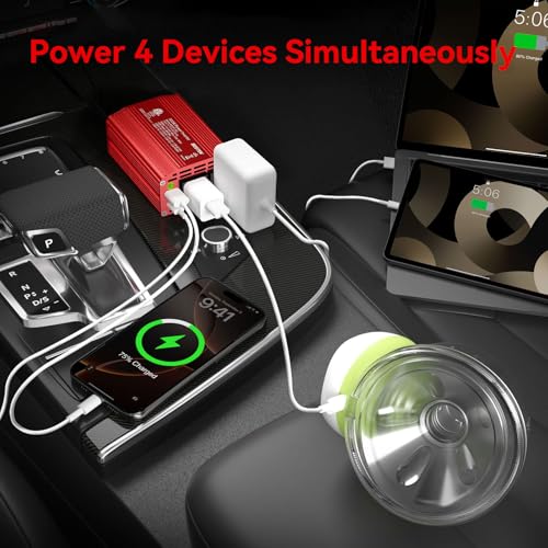BESTEK 300W Car Power Inverter - DC 12V to 110V AC Car Plug Adapter with 30W USB-C & 18W USB-A Dual AC Outlet, Fast Car Charger Adapter for Laptop, Vehicles, Road Trip Essentials - color: Red