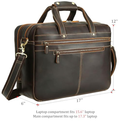 Polare Full Grain Napa Leather 17" Briefcase Work Bag Business Case For Men | Cowhide Leather, Business Travel Laptop Case, Padded Compartment Fits 15.6" Laptop, YKK Zippers - color: Dark Brown (Updated Version)