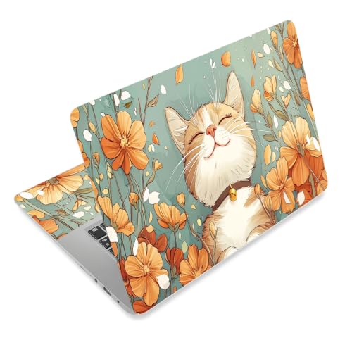 Laptop Skin Sticker Decal for 12 13 13.3 14 15 15.6 in, Universal Vinyl Waterresistant Protector Cover for Notebook PC Netbook, Computer Decor for Women Girls Happy Cat in Flowers - color: Happy Cat in Flowers