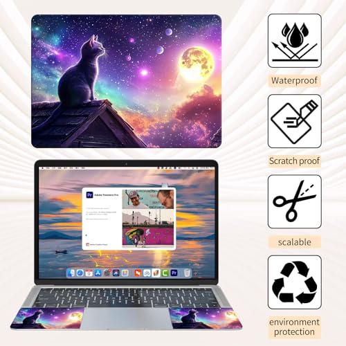 Laptop Skin Sticker 3-Piece Set,Cute Cat with Galaxy | Trim-to-fit 3-piece vinyl set with one 15 x 10.6 in lid skin and two palm-rest decals for many 12-15.6 in laptops - color: Cute Cat With Galaxy
