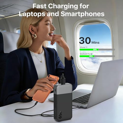 NOBIS 20000mAh Battery Pack Power Bank 65W Power Bank, Portable Charger with Digital Display, Dual USB-C/USB-A Fast Charging for Laptop, Phone, Tablet, Travel-Friendly External Battery Pack - color: Black