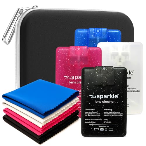 Sparkle Anti-Reflective Safe Square Lens Cleaner Spray Kit – 4 (20ml) Glasses Cleaner Spray with Microfiber Cloths & Travel Pouch for Eyeglasses, Lenses & Camera Cleaning Kit (9 Piece Set) - style: Black | 1 Multipurpose Pouch + 4x0.68oz Lens Spray + 4 Cl